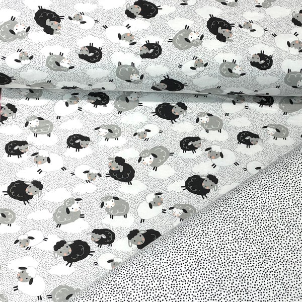 Sheep Flannel fabric, black white gray tossed sheep, top quality, quilting, crafts, sewing, tiny black dots, baby decor, sold by yard