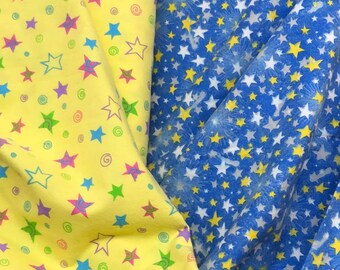 Stars, Clouds, sky, blue  yellow Flannel Quilt Fabric, twilight stars,baby blanket flannel, white stars, yellow star flannel, by the yard