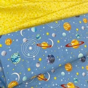Aliens outer space flannel fabric, boy quilt fabric, planets, mars Venus Jupiter, spaces ship, stars, marshans, yellow, royal blue, green