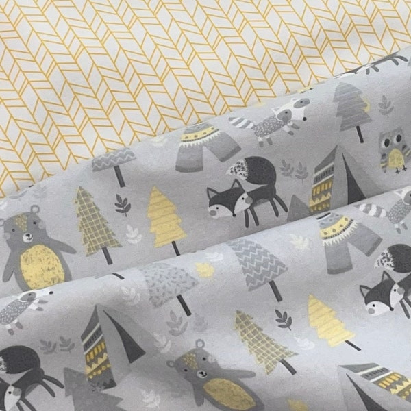 Woodland animals on gray, Comfy Cotton Flannel A. E. Nathan, yellow white, owl bear raccoon, forest trees, tents, yellow white coordinate