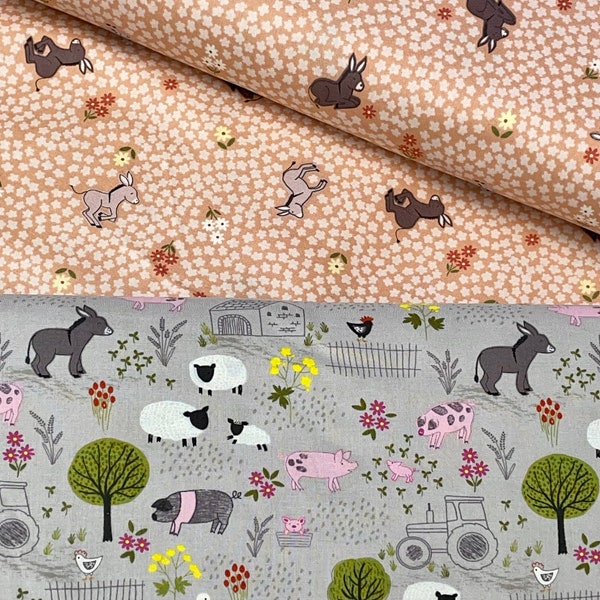 Dinky Donkey gray or peach, Piggy Tales, sheep pigs ducks, Children's Farmyard Fabric by Lewis & Irene Fabrics, tossed flowers, sold by yard