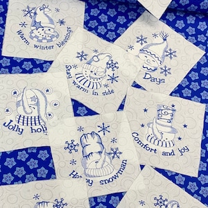 Snowman Embroidered set of 10 on 7&quot; square cotton fabric quilt blocks, snowmen Machine Embroidery, Christmas winter holiday. blue snowflake