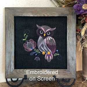 Owl wall hanging, Embroidered on Window Screen, handmade art decor, barn wood, black screen, picture frame, rustic Unique gift, decoration