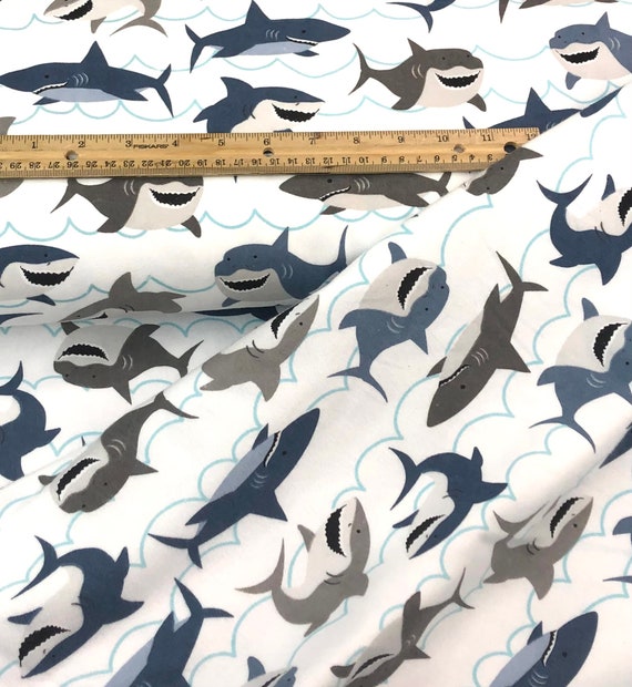 Sharks Swimming Flannel Fabric, 1 Yard, Blue White Gray, Ocean Sea,  Nautical, Fish, Fishing, Swimming, Quilting Cotton Fabric by Riley Blake 