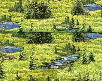 May include: A repeating pattern of green trees, blue streams, and green grass. The pattern is a seamless design that can be used for fabric, wallpaper, or other decorative purposes.