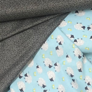 Sheep fabric, Best Friends Farm, animal, cotton, aqua blue, white gray tossed sheep, yellow flower barnyard farmer fabric, gray coordinate