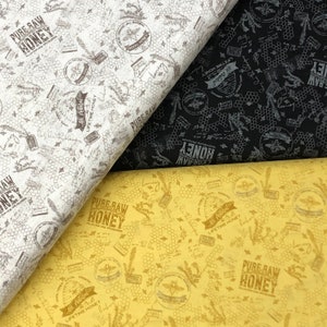 Bee&#39;s Life fabric, 100% Cotton, pure raw honey, honeycomb, yellow gray black parchment, by Riley Blake beelieve, bee helpful, bee you tiful