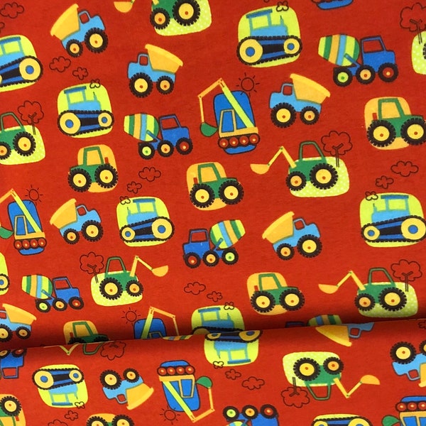 Construction  dump truck, cement truck, excavator, backhoe, flannel, equipment flannel, tractor,bulldozer, rust red, blue,Fabric by the yard