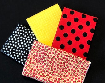 ladybug fabric bundle, 4 flannel patterns, 1/2 yard each, red black polka dots, rag quilt fabric, lady bug on yellow, black star flannel