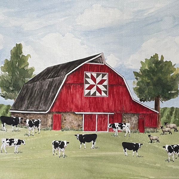 Barn Quilts fabric panel, by Tara Reed for Riley Blake Designs  dairy cows, goats, sheep pigs, Country farm, barnyard, milk cows, hay barn