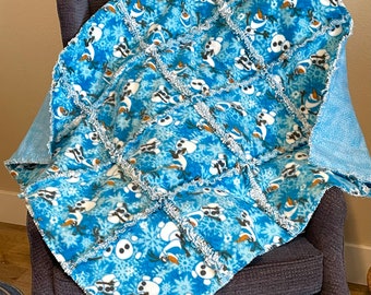 Frozen Olaf rag quilt, 3 warm layers, 33x38, Fleece and Flannel, Aqua white, snowman, baby receiving blanket, finished quilt or quilt kit