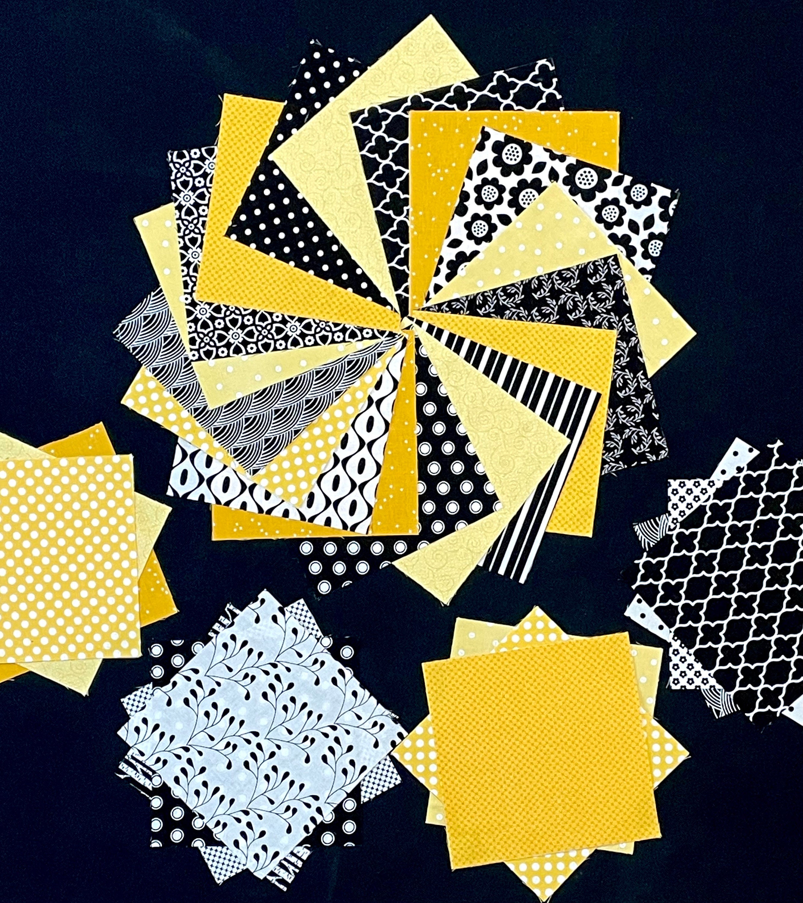 48 yellow black white 7" pre cut square quilt blocks, quilting fabric, flowers, stripes, black white, patchwork quilt