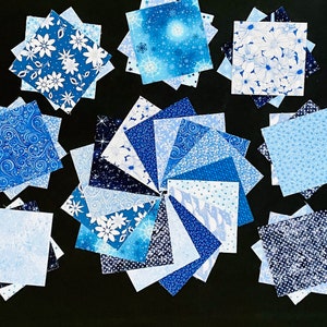 72 Winter Blue white 7" pre cut fabric quilt blocks,  patchwork quilt kit top, flowers abstract charms, polka dots, blue white quilt kit,