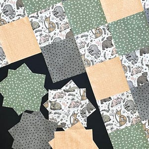 Woodland animals rag quilt kit 72 pre cut 7" squares forest flannel blocks deer bunny bear, green gray coral, DIY patchwork quilt, polka dot