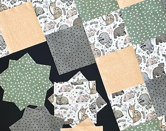 Woodland animals rag quilt kit 72 pre cut 7&quot; squares forest flannel blocks deer bunny bear, green gray coral, DIY patchwork quilt, polka dot