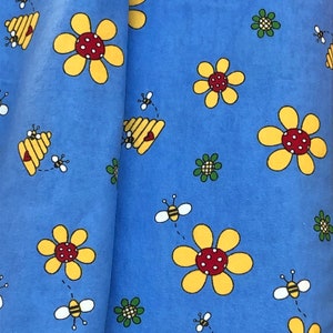 Flowers daisy honey bees blue yellow flannel fabric,boy girl bee fabric, yellow red flowers,  bee hive buzzing bees, by the yard,