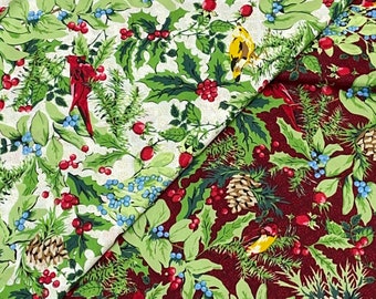 Joyful by Maywood Studio, berries, garland greenery, cardinal birds, pinecones, red green Fabric, crafts and quilts decor, yd or 1/2 yd