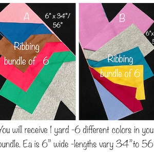 Puede incluir: Un paquete de seis tiras de tejido de canalé de 6 pulgadas de ancho en varios colores. Las longitudes del tejido varían de 34 a 56 pulgadas. Los colores incluyen rosa, azul, marrón, rojo, verde y gris. "Ribbing bundle of 6" está escrito en la tela.