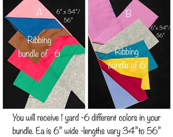 6 Ribbing 1 yd total stretch knit fabric bundle, 6" x 34-56",  1 x 1 Rib knit, color variety, cuffs waistband hems neckline t-shirts, USA