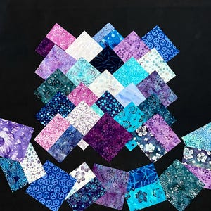 90 purple aqua blue white swirl pre cut fabric quilt blocks 6&quot; squares, flowers, abstract batik cotton, beautiful patchwork quilt kit top