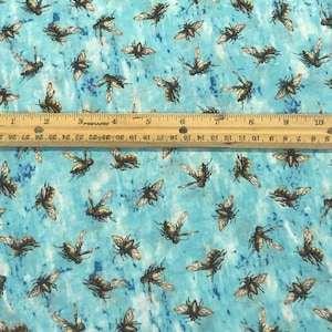 Honey bee fabric, turquoise,  creature comforts, honey bee, cotton fabric, insects, sold by the yard, Honey Run