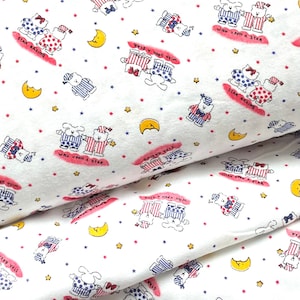 Kitten bunny bear wish upon a star, baby flannel, tossed bunnies, blue yellow dark pink, hearts, star gazing, kitty in pajamas