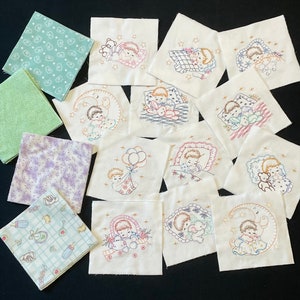 60 Baby Embroidered, 7&quot; pre cut square quilt flannel blocks, newborn babies, patchwork or rag quilt top, 12 embroidered babies,