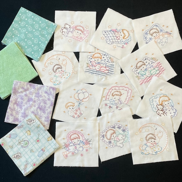 60 Baby Embroidered, 7" pre cut square quilt flannel blocks, newborn babies, patchwork or rag quilt top, 12 embroidered babies,