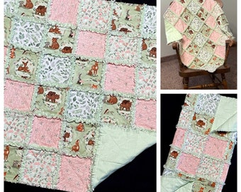 Woodland animal 72 quilt blocks rag quilt kit, pre cut 7" flannel fabric squares, Baby in Bloom, 3 wishes fabric, fox deer bear, green coral