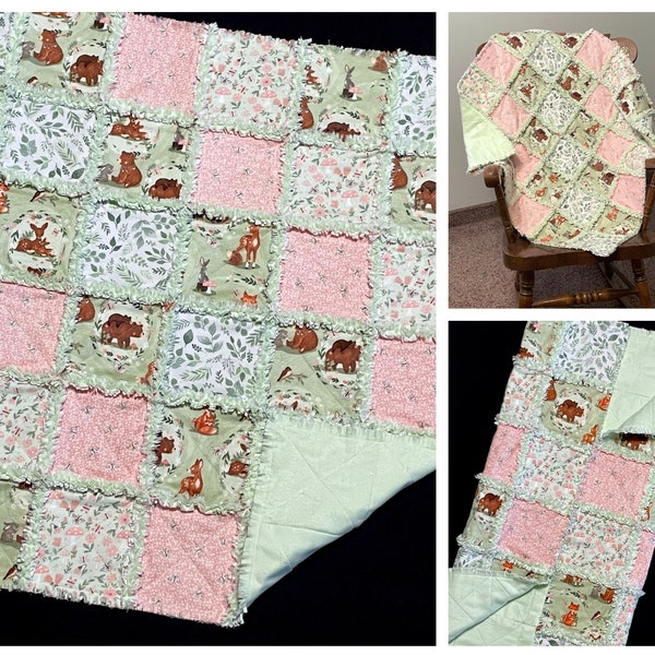 Woodland animal 72 quilt blocks rag quilt kit, pre cut 7" flannel fabric squares, Baby in Bloom, 3 wishes fabric, fox deer bear, green coral