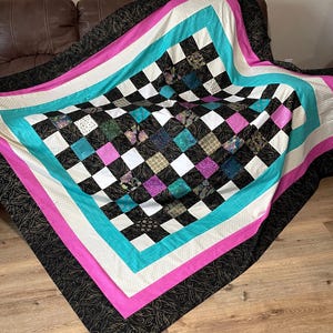 Quilt Top With Bold Multi-Color Metallic, Bright colors, 82&quot;x 90&quot; unfinished Twin Pieced Quilt Top, Handmade, bordered, aqua purple black
