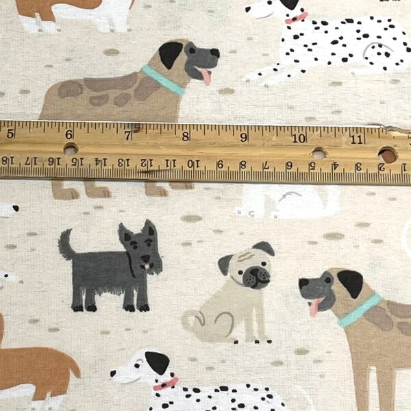Puppy dog flannel, tossed variety of dogs, beige background, Quilting, paw prints, mans best friend, brown woolies swirl flannel