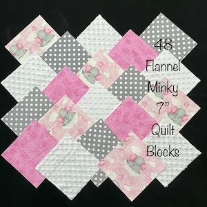 48 elephant 7" Square MINKY and flannel quilt blocks, pre cut squares, pink gray white, polka dot baby girl rag quilt fabric, patchwork