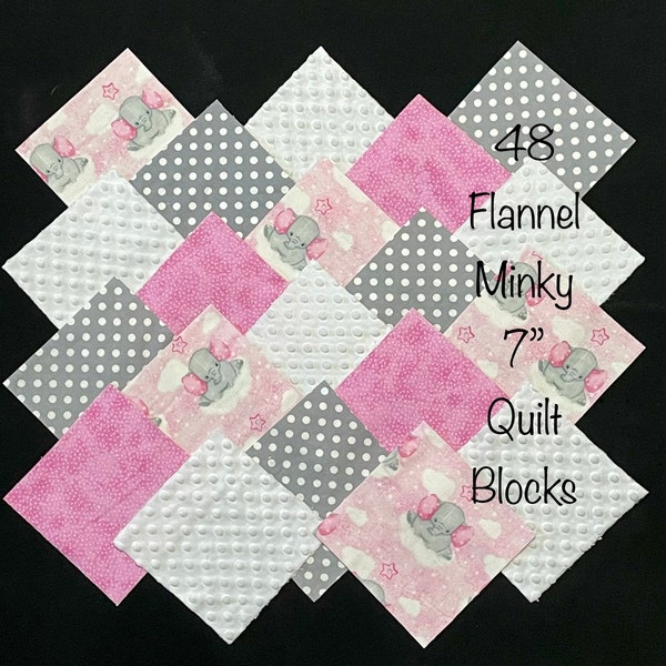 48 olifant 7" vierkante MINKY en flanellen quiltblokken, voorgesneden vierkanten, roze grijs wit, polka dot babymeisje lap quilt stof, patchwork