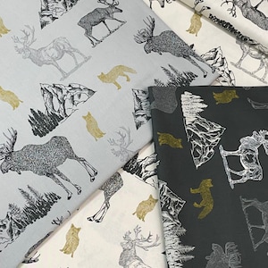 Timberland, gray charcoal Cream 100% Cotton quilt fabric by Riley Blake, Deer Moose mountains, forest trees, woodland, wilderness,sold by yd