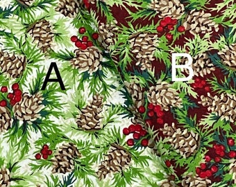 Joyful by Maywood Studio, berries, garland greenery, cardinal birds, pinecones, red green Fabric, crafts and quilts decor, yd or 1/2 yd