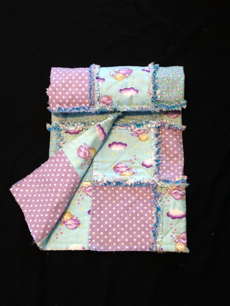 35 x 35 purple aqua blue polka dot hearts Flannel blanket Baby rag quilt Teddy bear angels shower gift 3 layers of top quality flannel