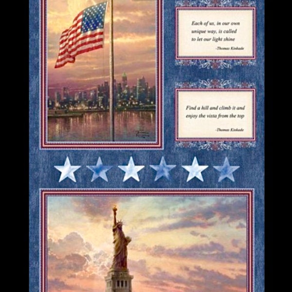 America Flag, Statue of Liberty Patriotic Panel, 4th of July, stars stripes red white blue, Freedom, Cotton Fabric by Thomas Kinkade 23"x43"