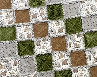 Woodland creatures, animal rag quilt kit 72 pre cut 7" squares forest flannel blocks deer bunny bear, green bubble minky, gray dot DIY quilt