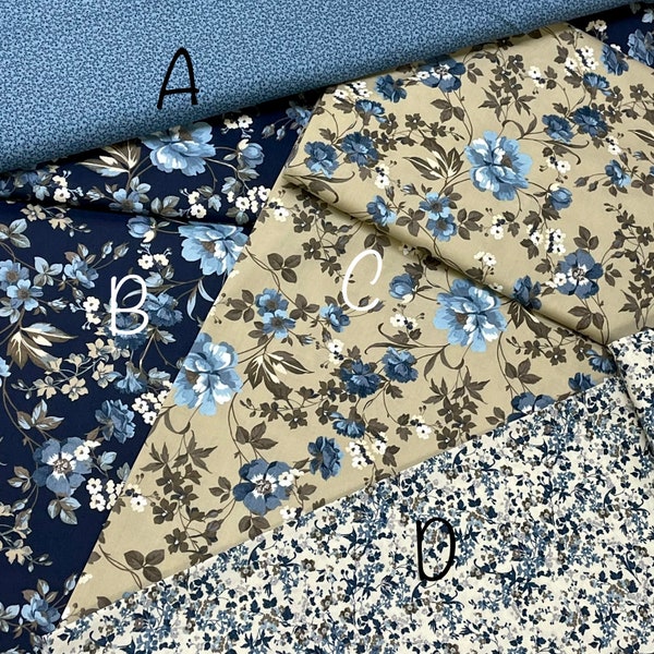 Navy tan flowers, blue roses, small daisy flower, blue quilt coordinate combination, tossed flowers, material, sold by the yd, crafty