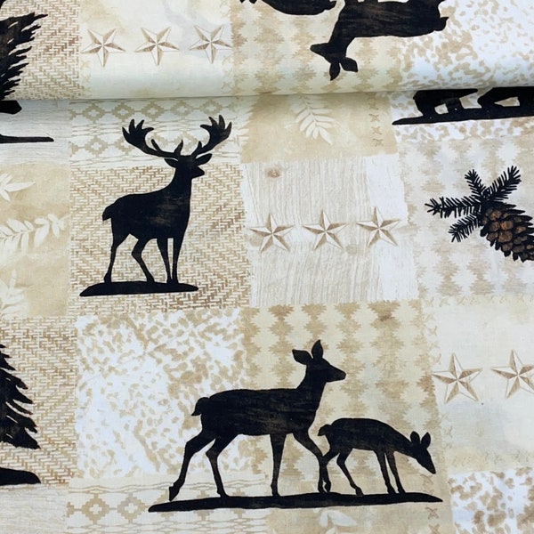 7/8 yd Deer silhouette Woodland Pine cone bear fabric, Pinewood Acres by Riley Blake Cotton weave beige cream black pine tree stars acorns