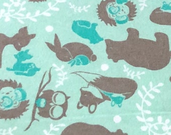 Woodland Bär Reh Eule Baby Flanell Stoff, Polka Dot, Wildtier Wildnis, mint grün braun, hochwertiger weicher Flanell Stoff