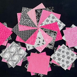 Pink black white hot pink 7&quot; pre cut 48 square quilt blocks, variety pattern quilting fabric, flowers, polka dots, gingham, patchwork quilt