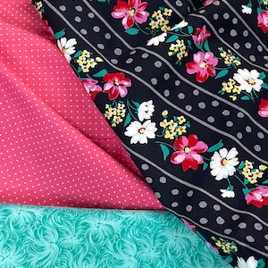 Aqua pink flowers on black, quilt coordinate combination, rows of flowers, material, sold by the yd, craft, sewing, quilting