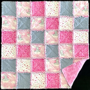 Pink Elephant baby rag quilt kit, 72 pre cut 7" flannel square blocks, pink gray white, floating clouds, blanket, DIY girl quilt, 36x36