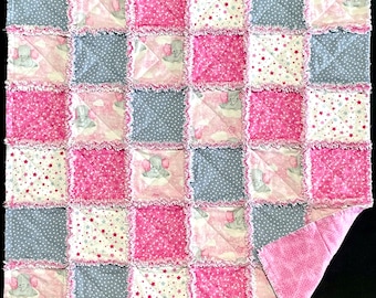 Pink Elephant baby rag quilt kit, 72 pre cut 7" flannel square blocks, pink gray white, floating clouds, blanket, DIY girl quilt, 36x36