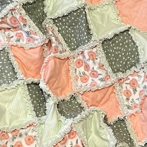 Sage green coral peach flower 72 or 84 quilt blocks, pre cut 7&quot; flannel fabric squares, green peach leaf, DIY girl rag quilt, blanket