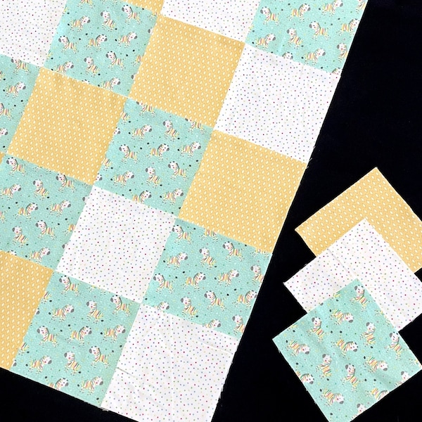 Zebra pre cut 7" quilt block 36 fabric squares, flannel baby rag quilt kit top, mint green yellow white, colorful zebra, patchwork DIY