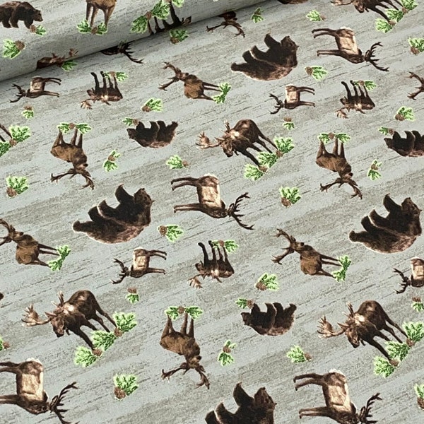 Deer moose bear, Send me to the Woods fabric, cream beige, brown green, acorn woodland camping outdoor adventure quilt fabric, pinecone tree