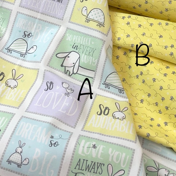 Doodle Baby Flannel by Benartex 13220F-99 pastel squares, 13227F-33 baby bee, yellow mint lavender, top quality flannel, puppy turtle bunny